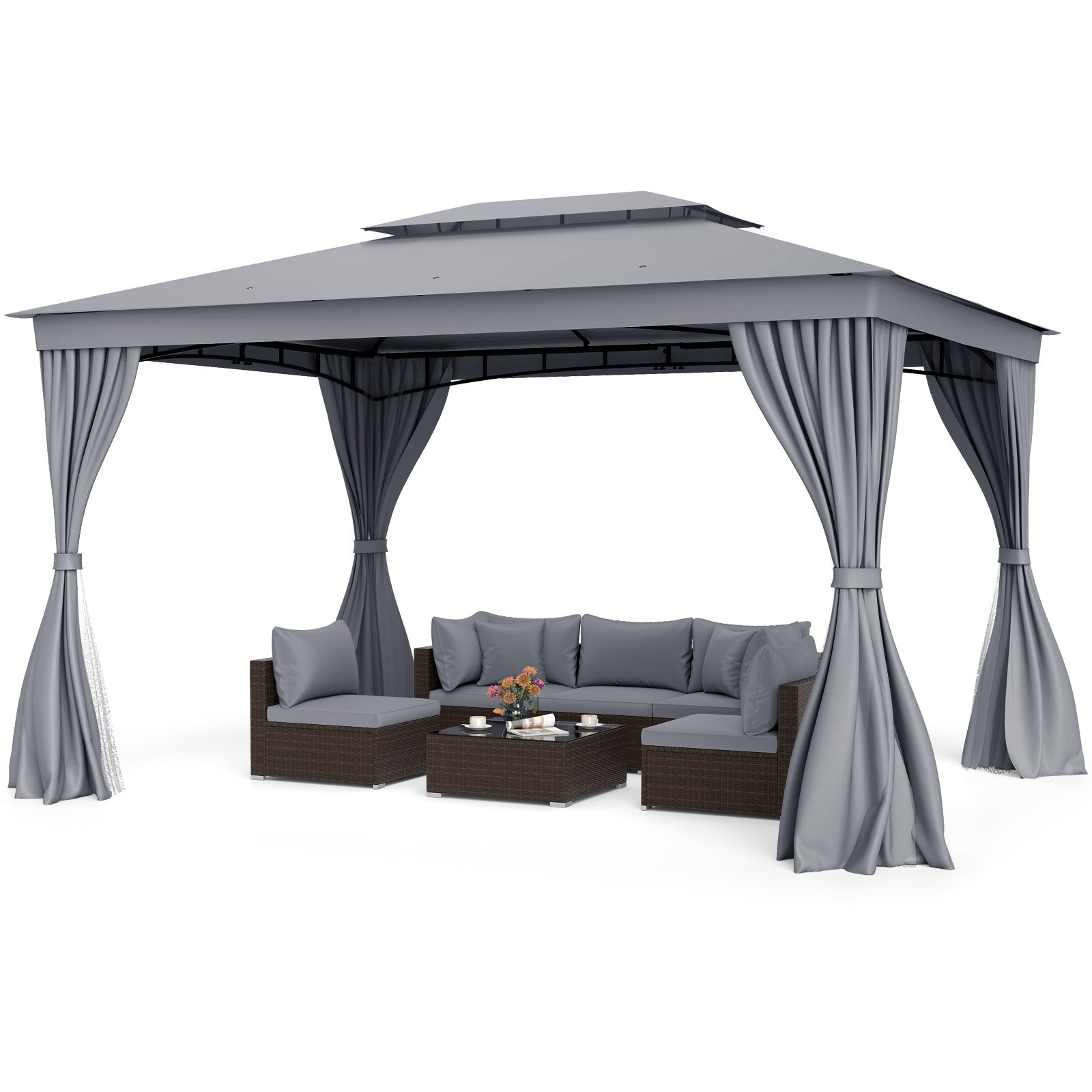 Double-Roof Outdoor Gazebo with Netting, Privacy Curtains and Ground Stakes