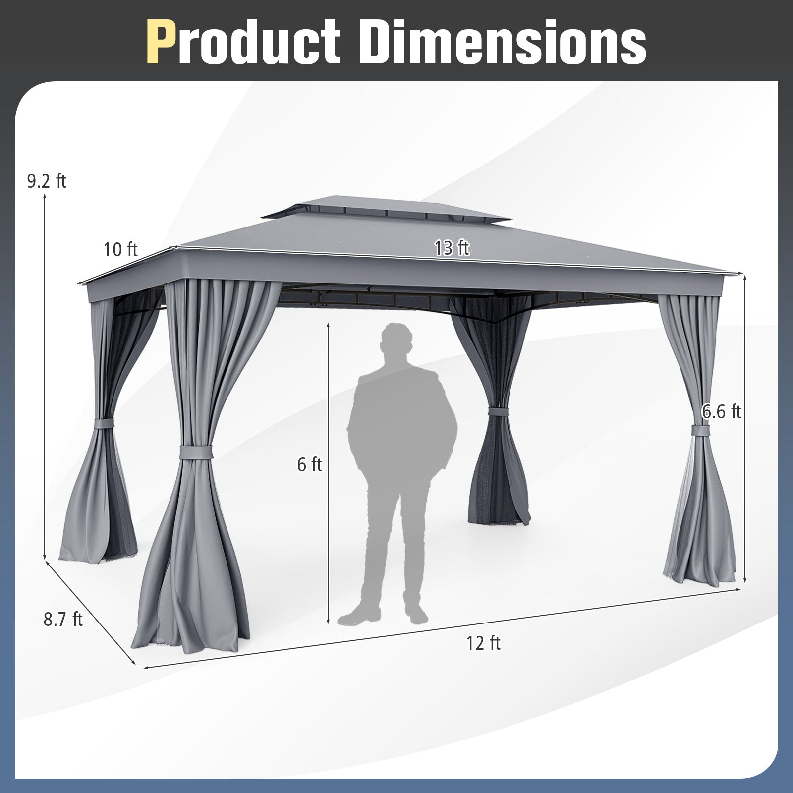 Double-Roof Outdoor Gazebo with Netting, Privacy Curtains and Ground Stakes