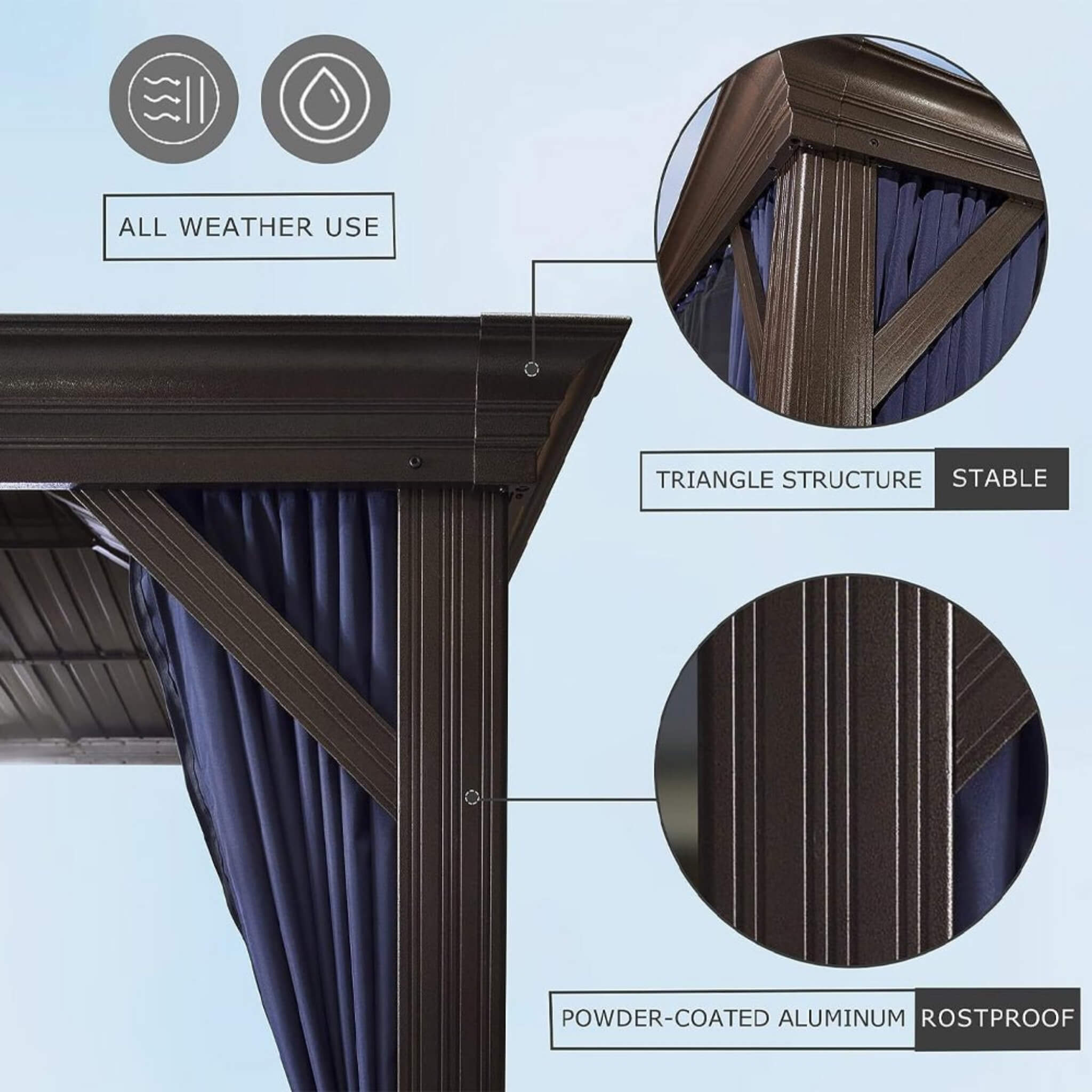 Outdoor Hardtop Gazebo with Aluminum Frame, Curtains and Mosquito Netting