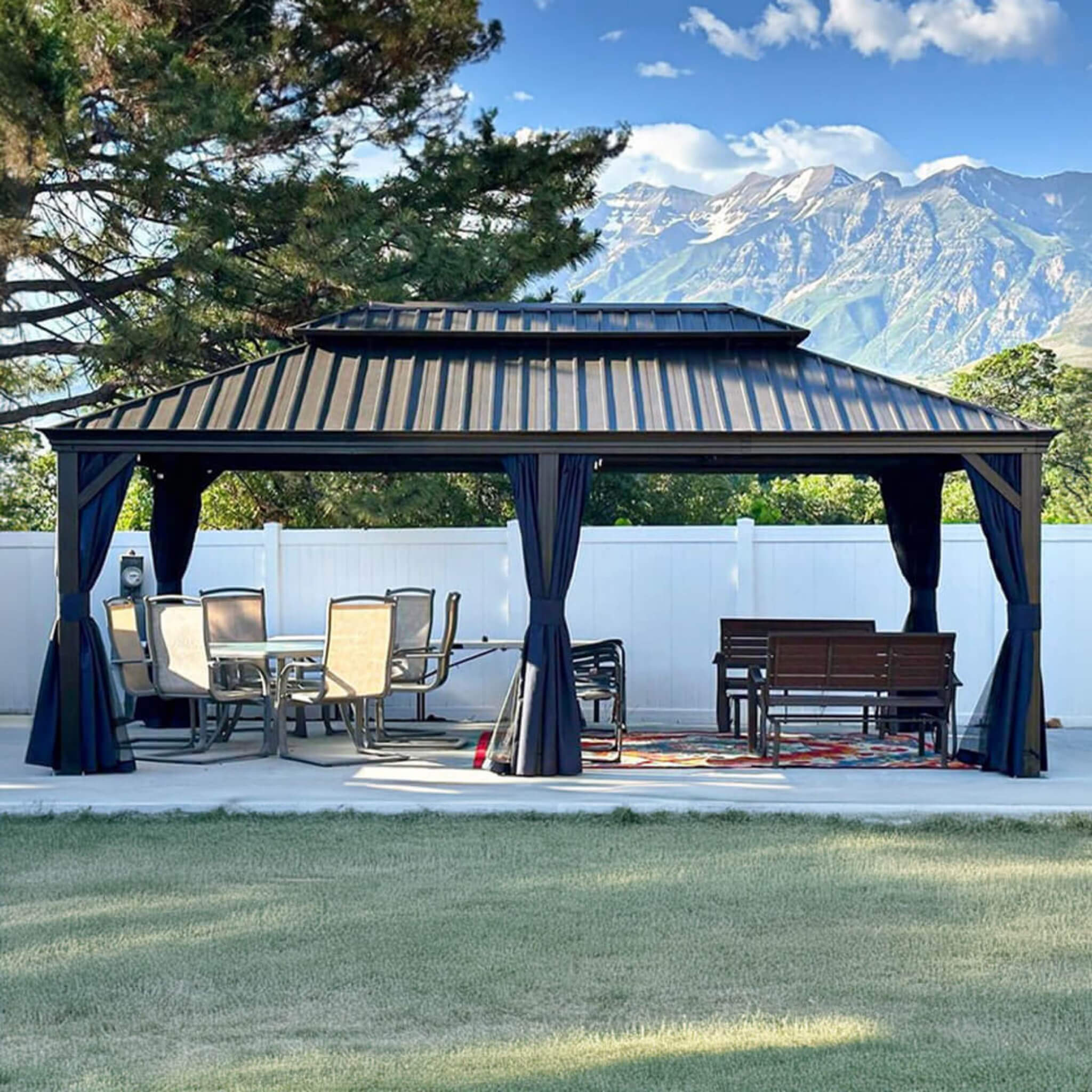 Outdoor Hardtop Gazebo with Aluminum Frame, Curtains and Mosquito Netting