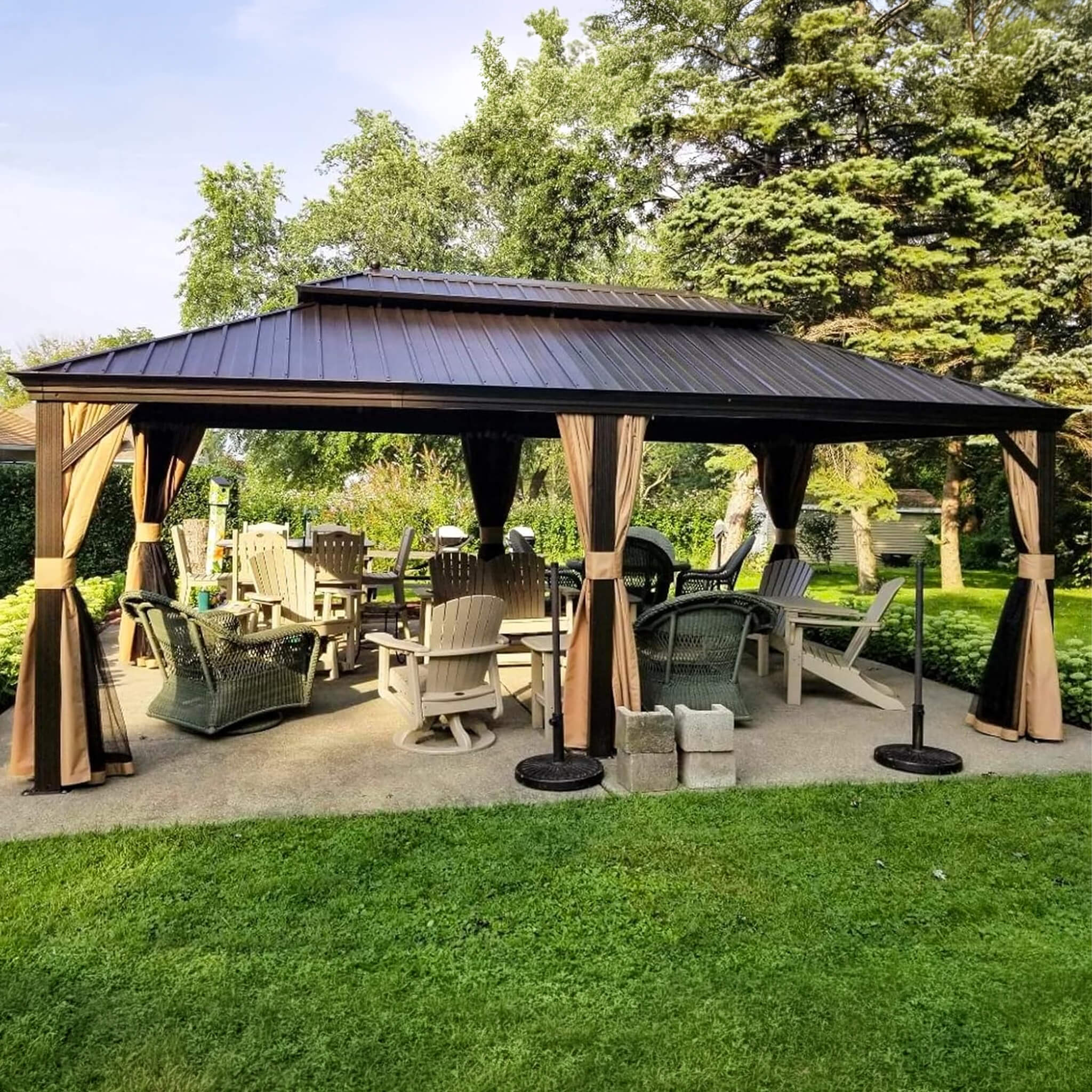 Outdoor Hardtop Gazebo with Aluminum Frame, Curtains and Mosquito Netting