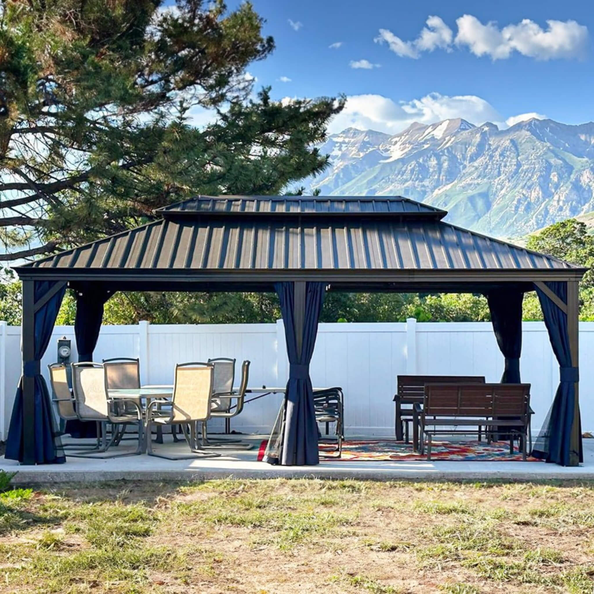 Outdoor Hardtop Gazebo with Aluminum Frame, Curtains and Mosquito Netting