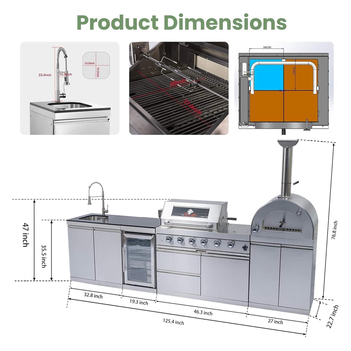 125-Inch 4-Burner 108K BTU Outdoor Kitchen Island With Pizza Oven, Rotisserie & Refrigerator (SAK55768)