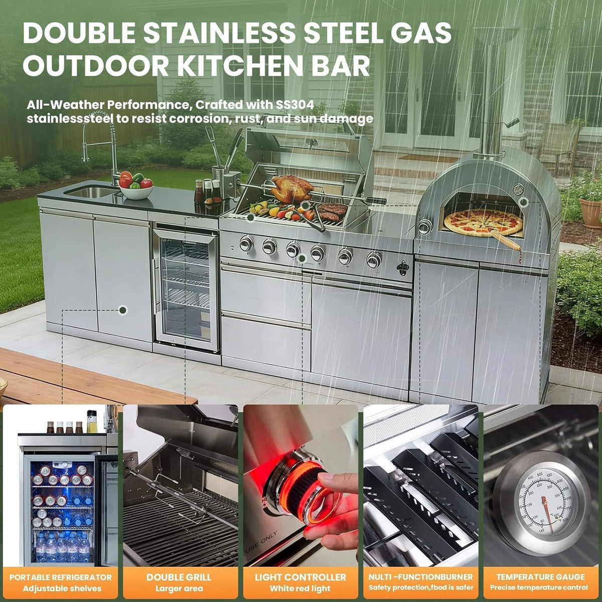 125-Inch 4-Burner 108K BTU Outdoor Kitchen Island With Pizza Oven, Rotisserie & Refrigerator (SAK55768)