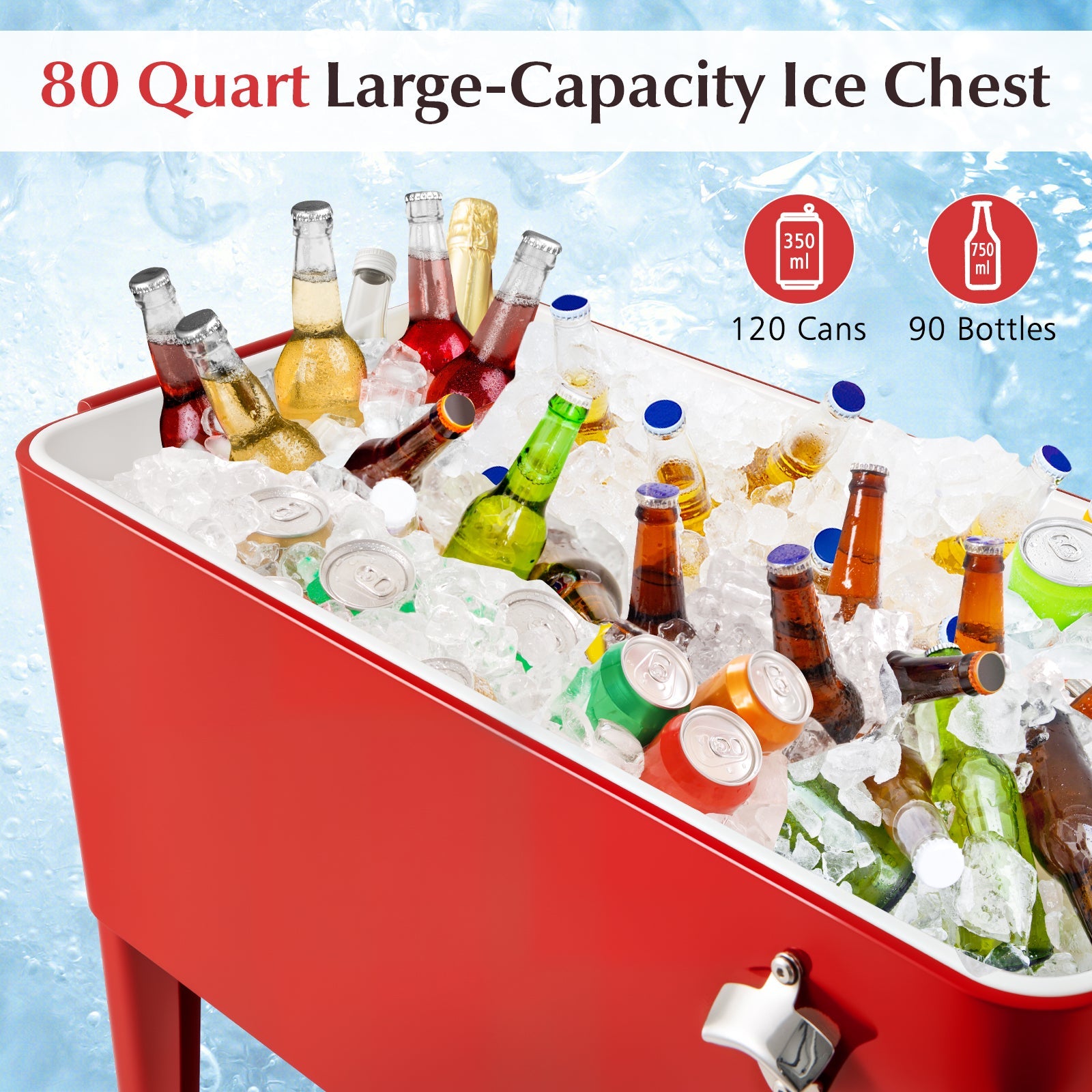 80-Quart Rolling Patio Cooler Cart with Wheels, Shelf and Bottle Opener