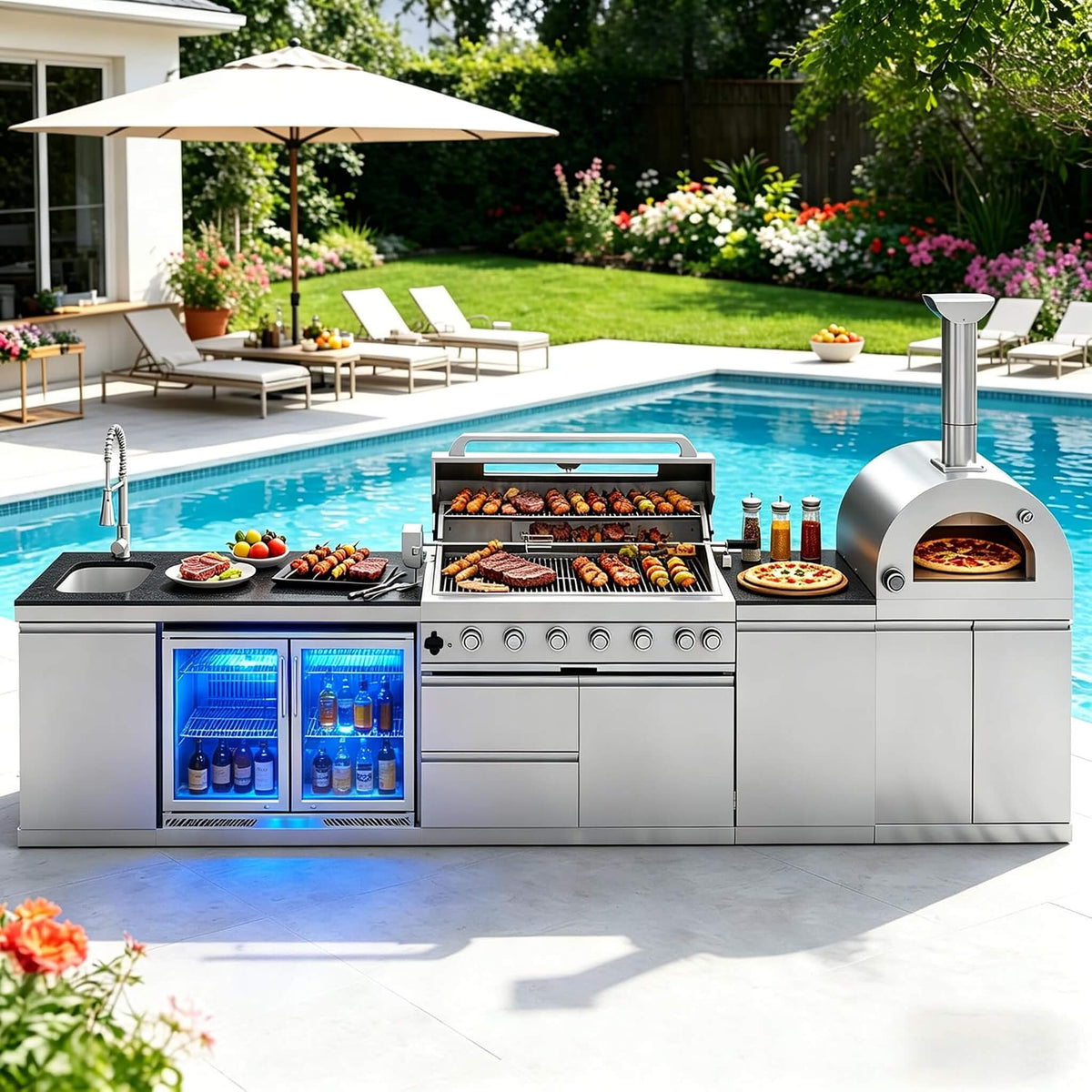 147-Inch 6-Burner 120K BTU Outdoor Kitchen Island With Pizza Oven, Rotisserie & Refrigerator (SAK96429)
