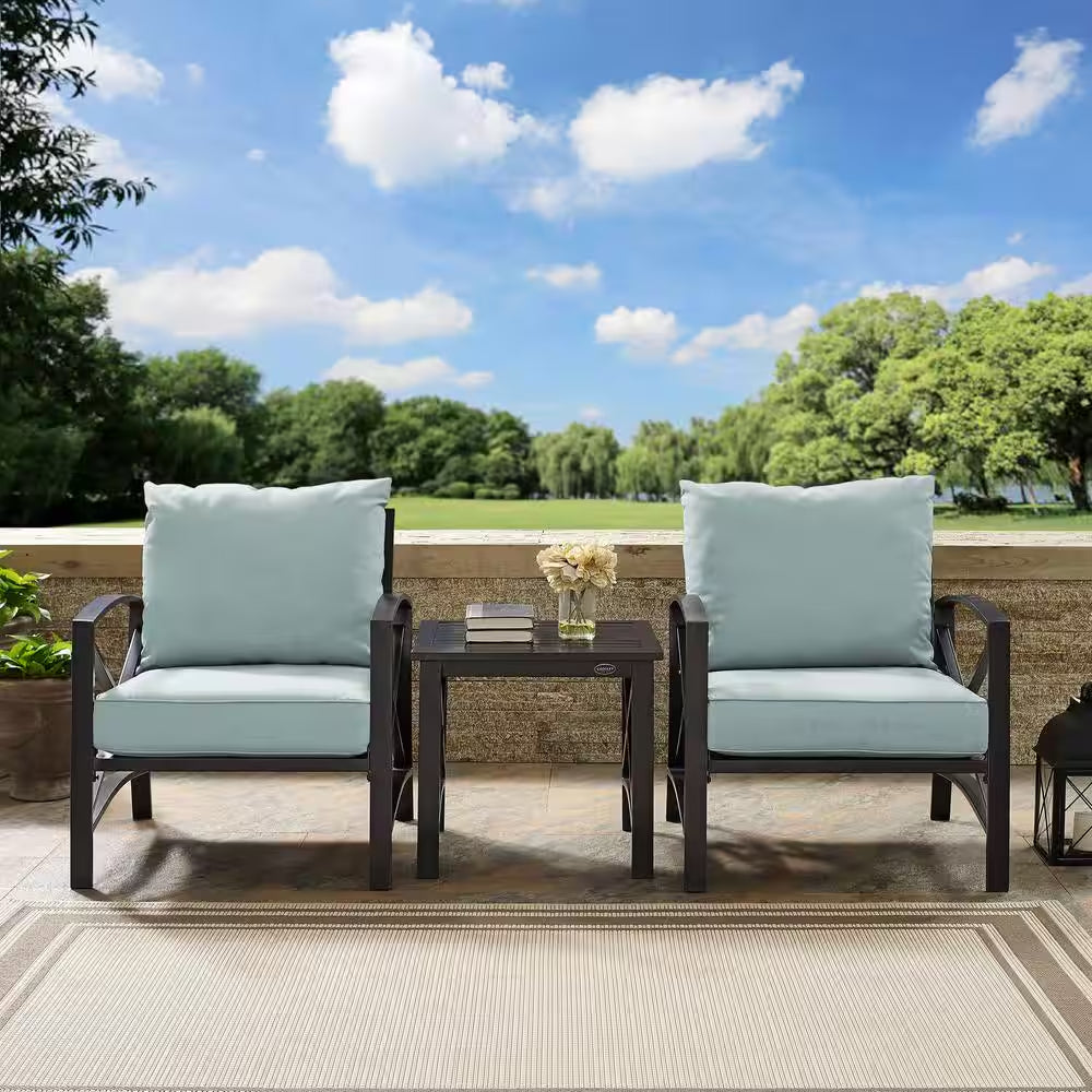 Elevate Your Outdoor Experience with the Kaplan 3-Piece Metal Seating Set - Stylish Chairs and Side Table with Mist Cushions