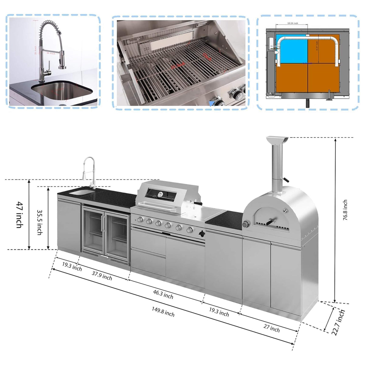 150-Inch 4-Burner 108K BTU Outdoor Kitchen Island With Pizza Oven, Rotisserie & Refrigerator (SAK36412)