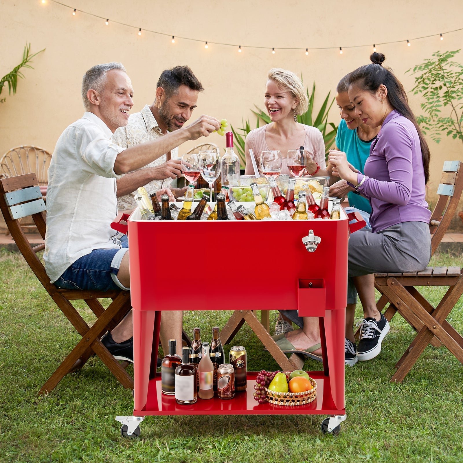 80-Quart Rolling Patio Cooler Cart with Wheels, Shelf and Bottle Opener