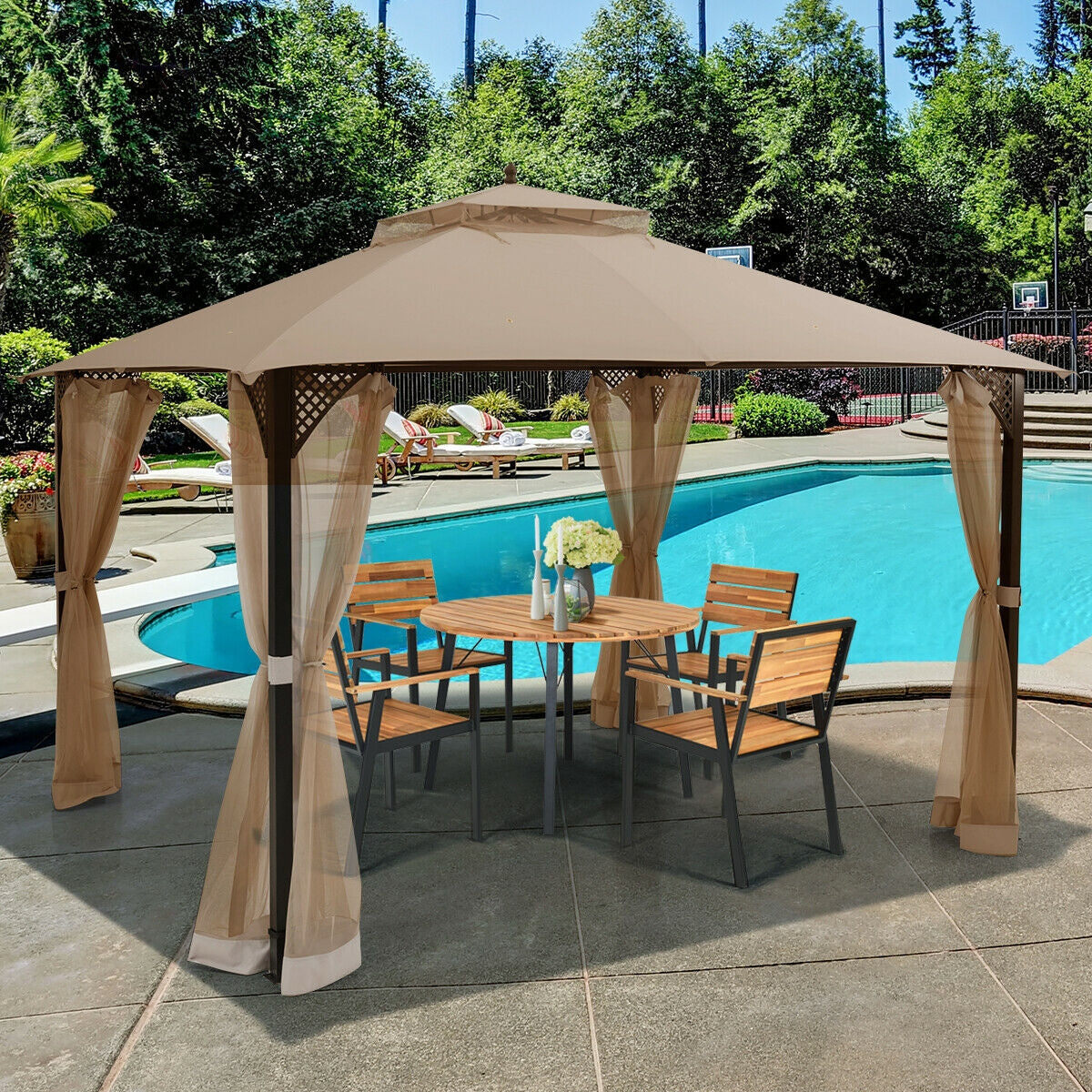 12 x 10 Feet Double Top Gazebo with Netting-Brown