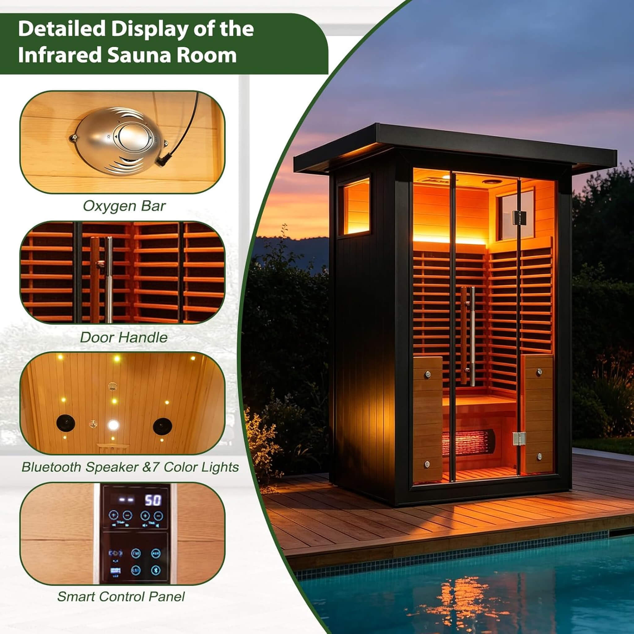 2-Person Outdoor Full-Spectrum Infrared Sauna with App Control and Glass Door