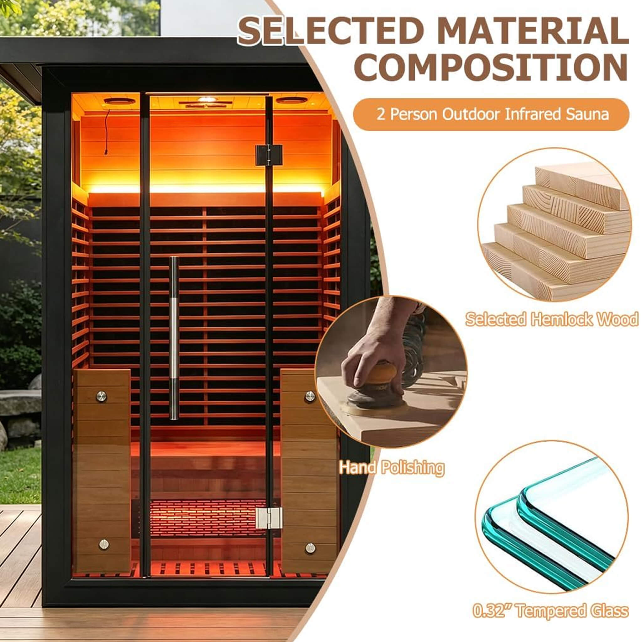 2-Person Outdoor Full-Spectrum Infrared Sauna with App Control and Glass Door