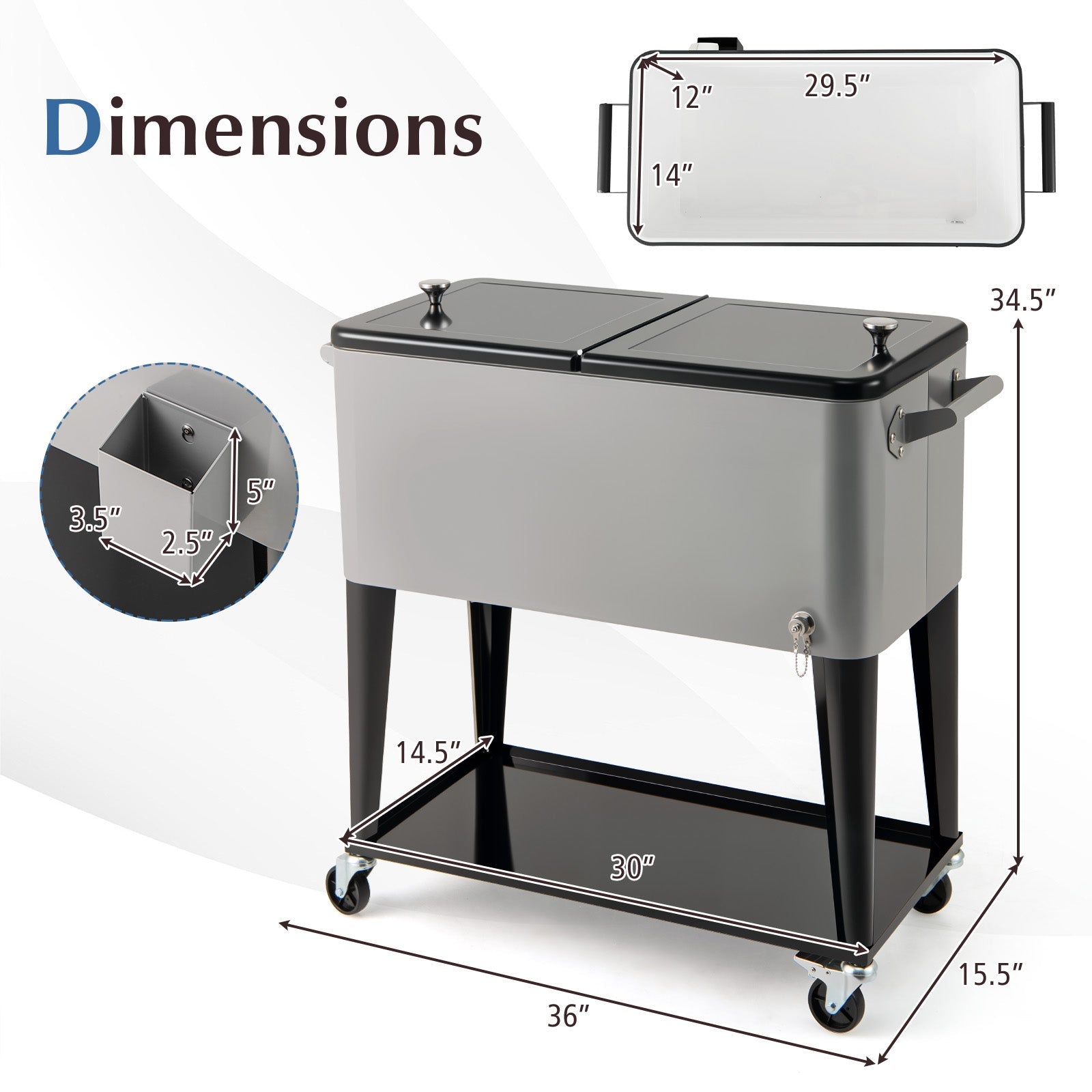 80-Quart Rolling Patio Cooler Cart with Wheels, Shelf and Bottle Opener