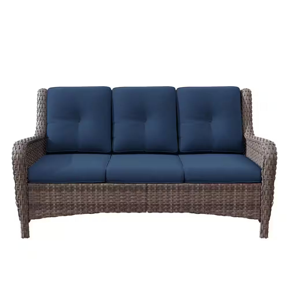 Stylish 3-Seat Wicker Outdoor Sofa with Comfortable Blue Cushions - Perfect for Your Patio or Backyard