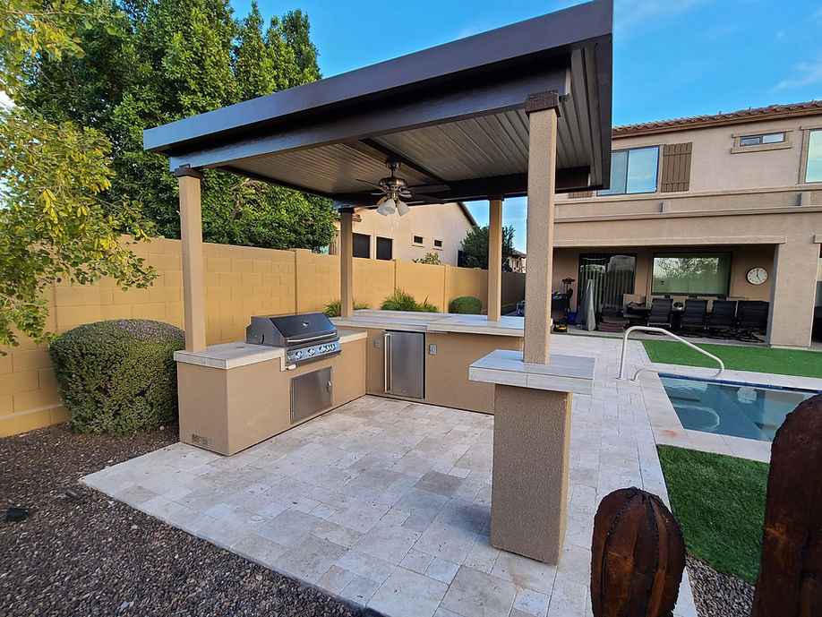 KoKoMo Outdoor Kitchen BBQ Island with 4-Burner Grill, Refrigerator & Pergola