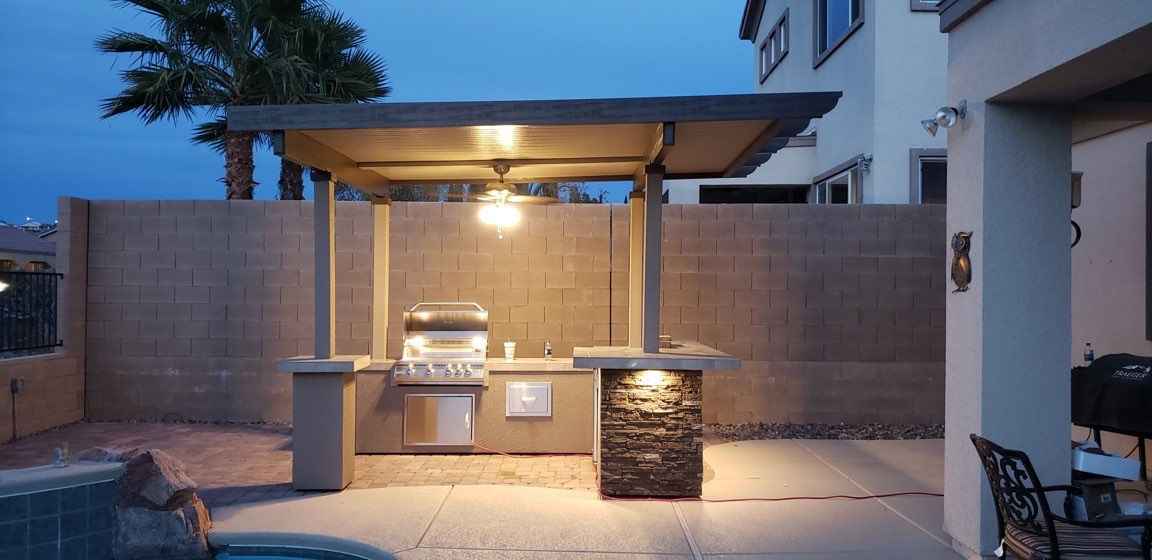 KoKoMo Outdoor Kitchen BBQ Island with 4-Burner Grill, Refrigerator & Pergola