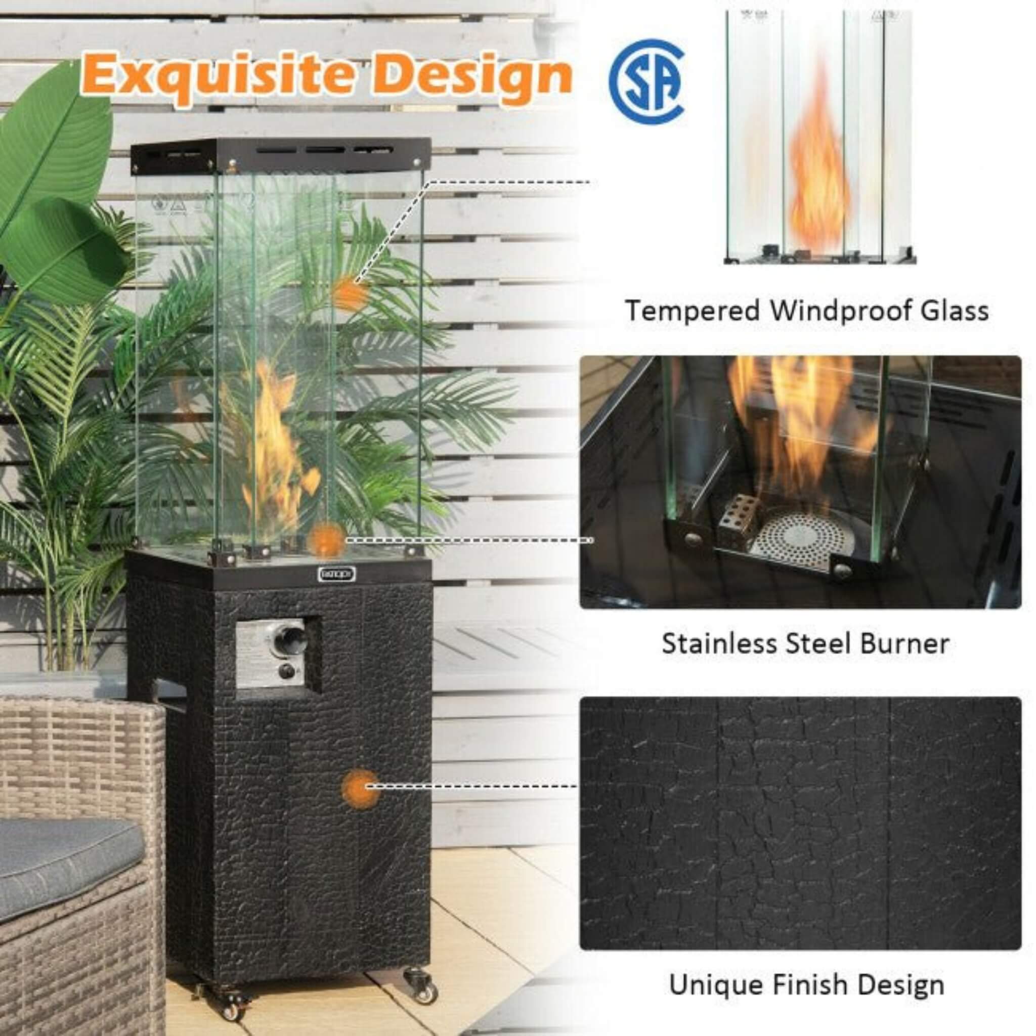 41,000 BTU Propane Patio Heater with Tempered Glass and Cover