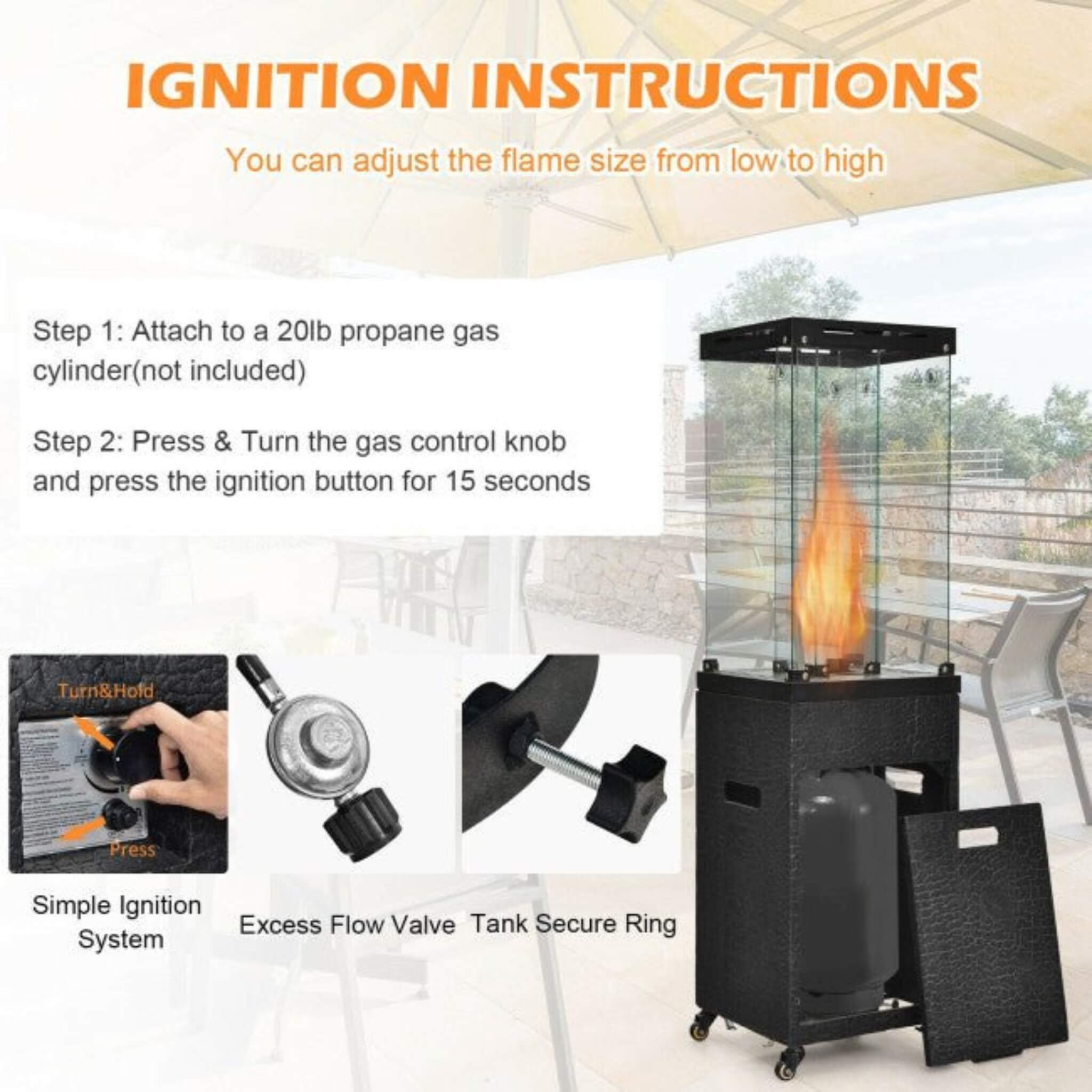 41,000 BTU Propane Patio Heater with Tempered Glass and Cover