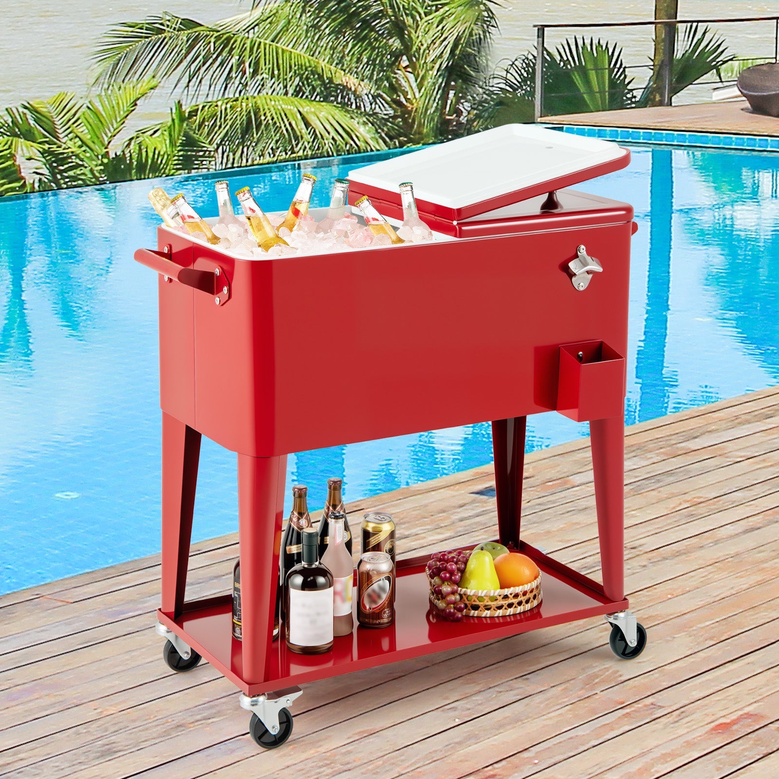 80-Quart Rolling Patio Cooler Cart with Wheels, Shelf and Bottle Opener