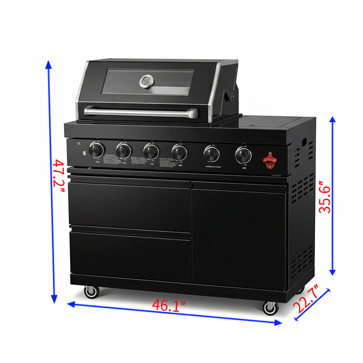 46"  Four Burners Black Outdoor Kitchen Islands Grill + Side Burner