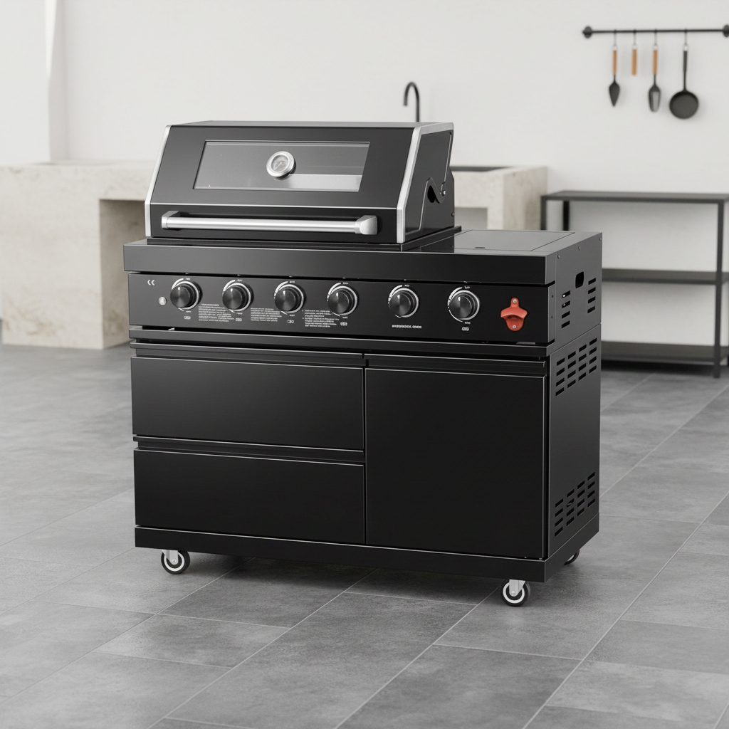 46"  Four Burners Black Outdoor Kitchen Islands Grill + Side Burner