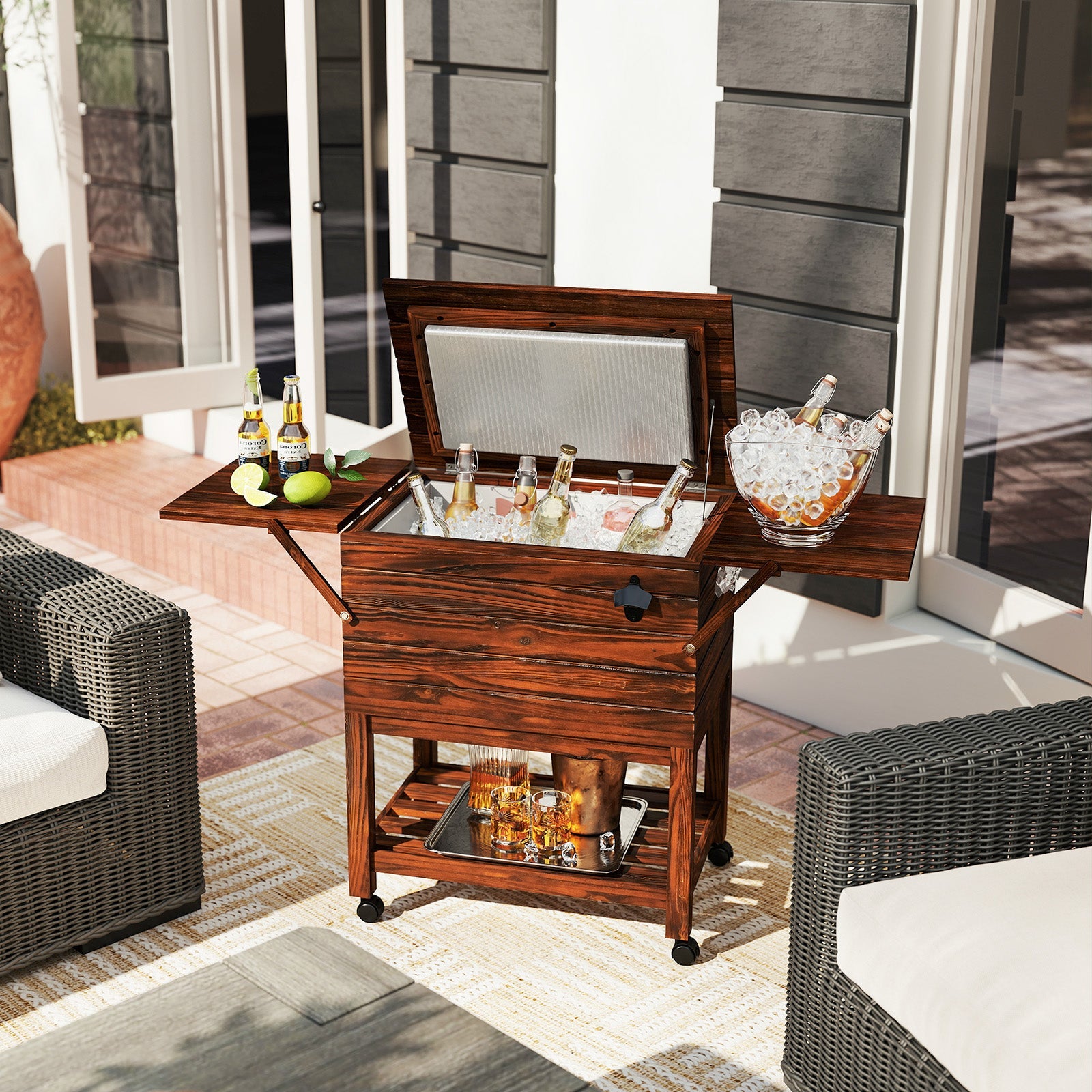 54-Quart Rolling Wooden Patio Cooler with Bottle Opener and Drainage Plug