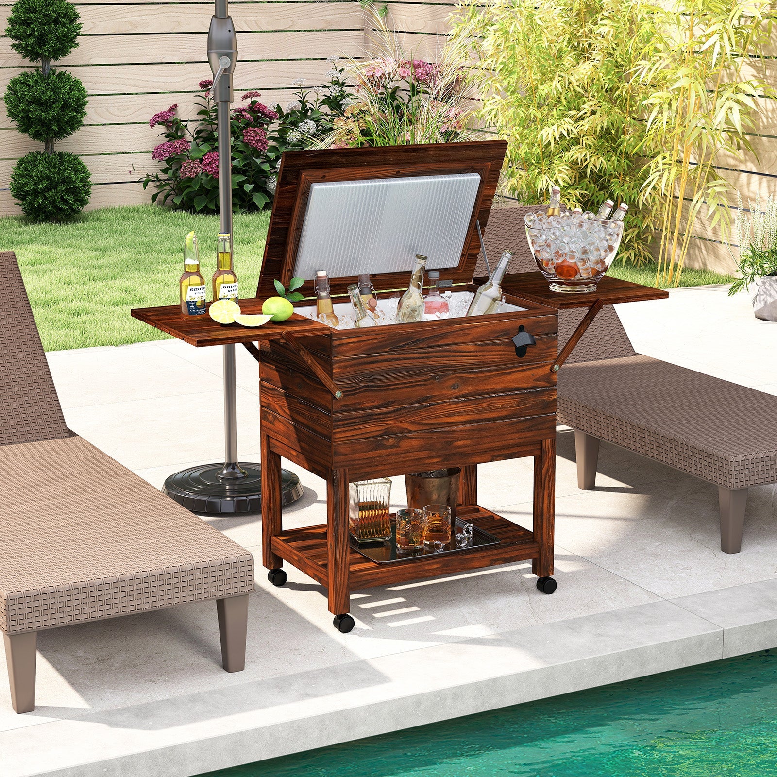 54-Quart Rolling Wooden Patio Cooler with Bottle Opener and Drainage Plug