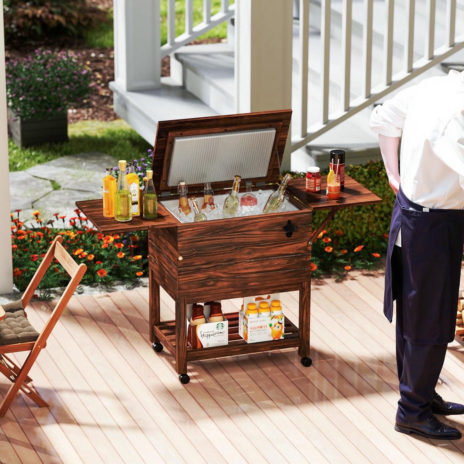 54-Quart Rolling Wooden Patio Cooler with Bottle Opener and Drainage Plug