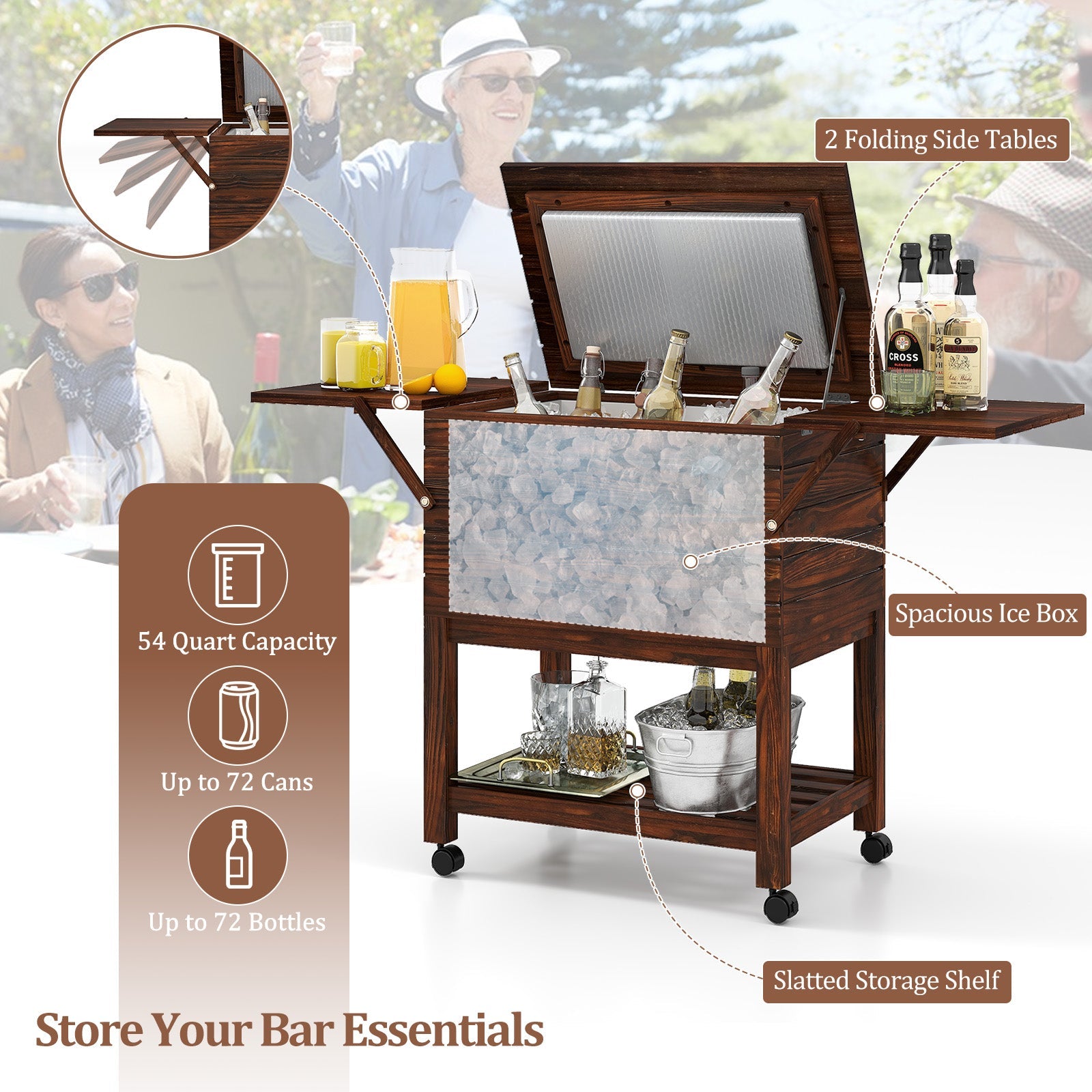 54-Quart Rolling Wooden Patio Cooler with Bottle Opener and Drainage Plug