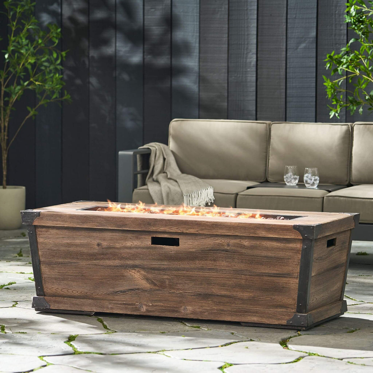 56-Inch Outdoor 50K BTU Wood Pattern Rectangle Gas Burning Fire Pit