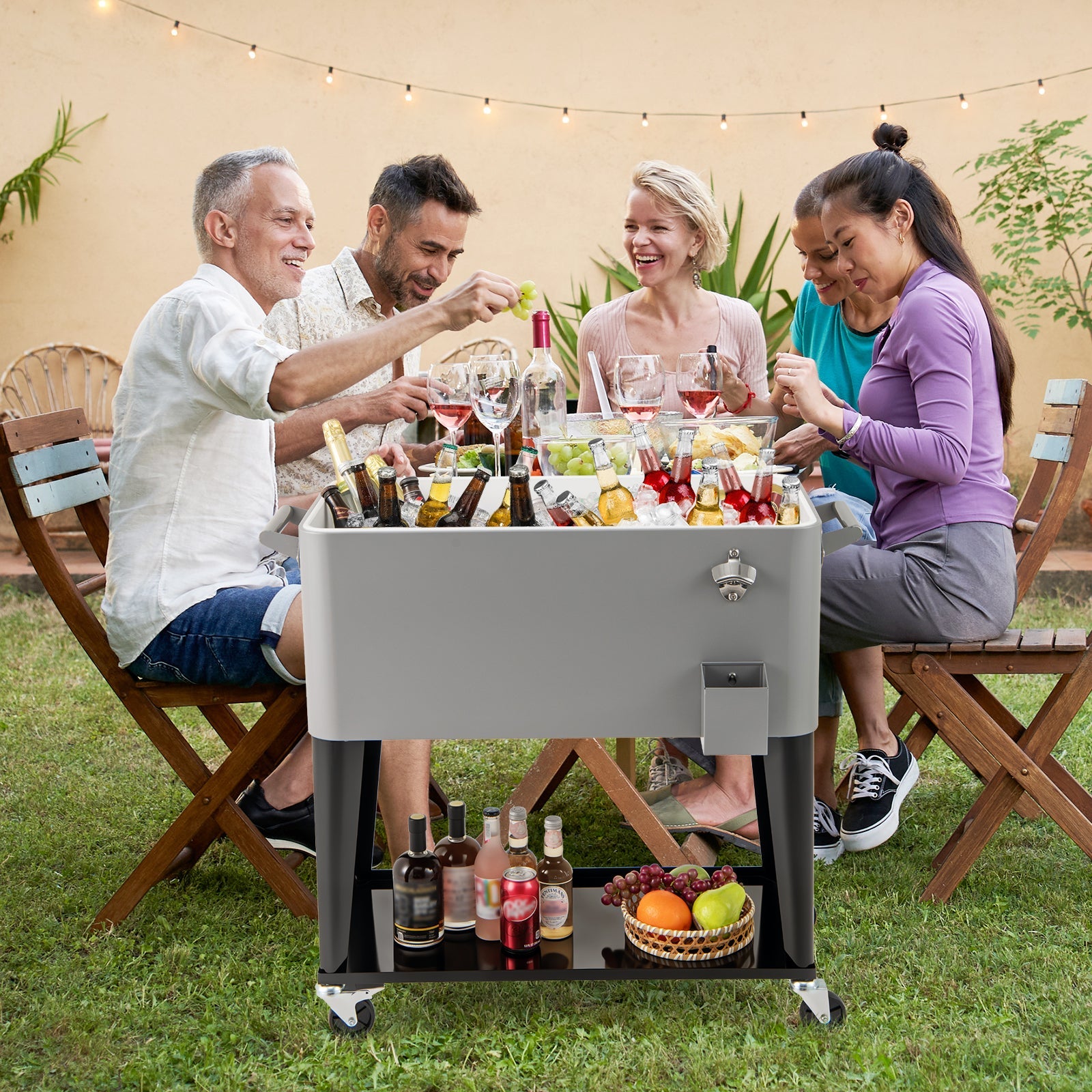 80-Quart Rolling Patio Cooler Cart with Wheels, Shelf and Bottle Opener