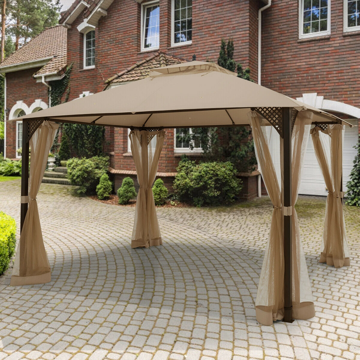12 x 10 Feet Double Top Gazebo with Netting-Brown