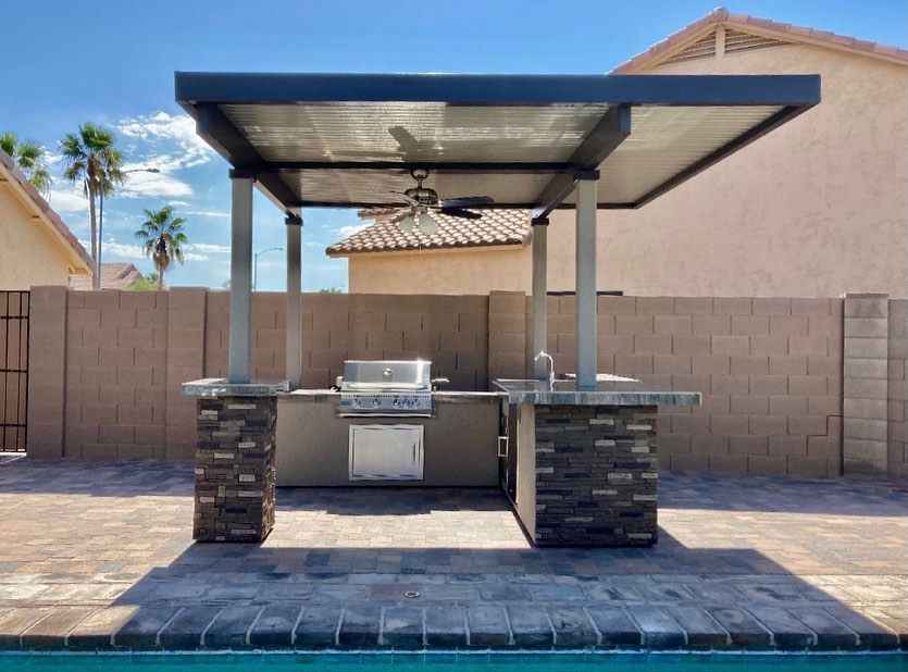KoKoMo Outdoor Kitchen BBQ Island with 4-Burner Grill, Refrigerator & Pergola