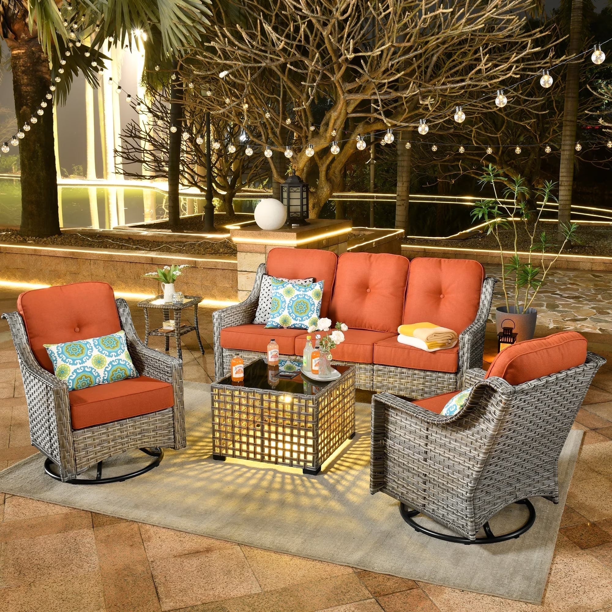 5 Pieces Outdoor Patio Furniture Sets Set High-Back Rattan Wicker Conversation Set Outdoor Sectional with Swivel Chairs & Solar Light Coffee Table, Coarse Orange Red