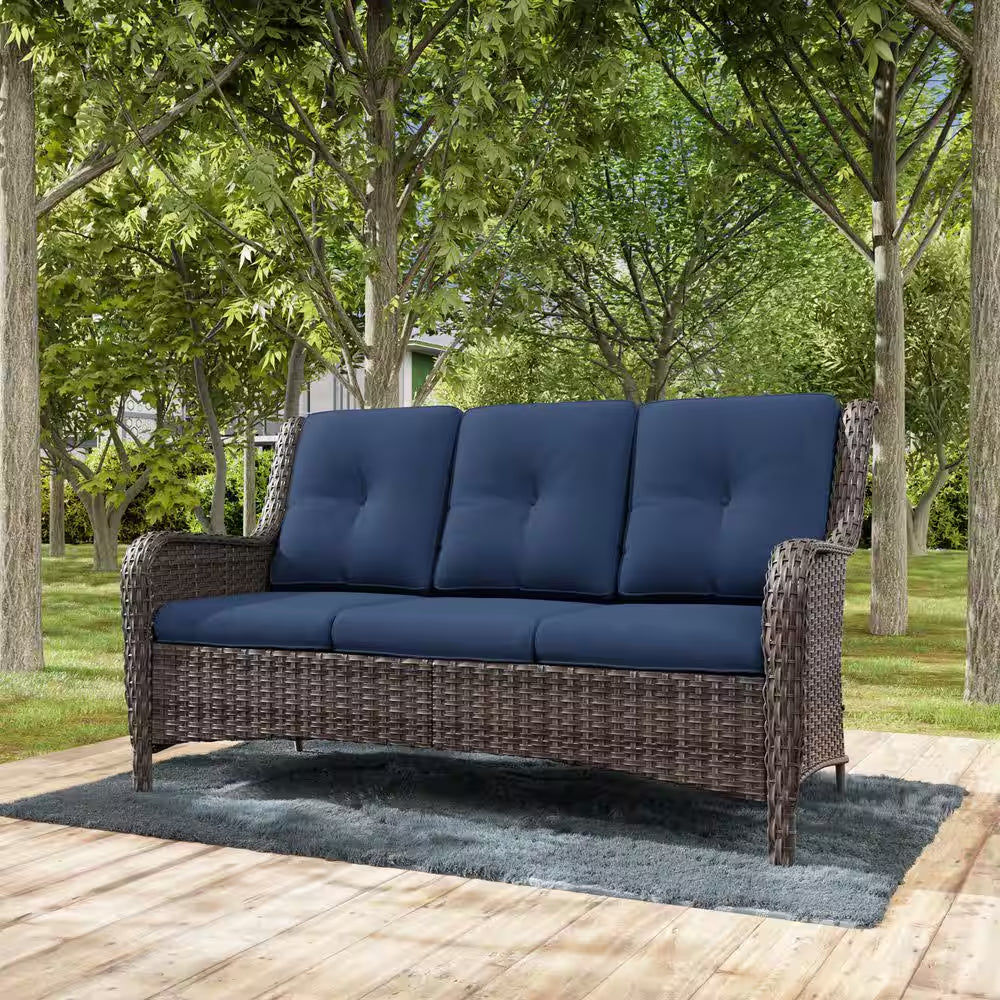 Stylish 3-Seat Wicker Outdoor Sofa with Comfortable Blue Cushions - Perfect for Your Patio or Backyard