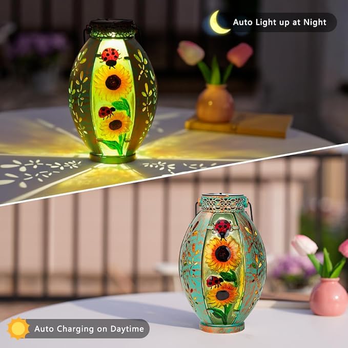 Sunflower & Lady Bugs Solar Lanterns, Set of 2