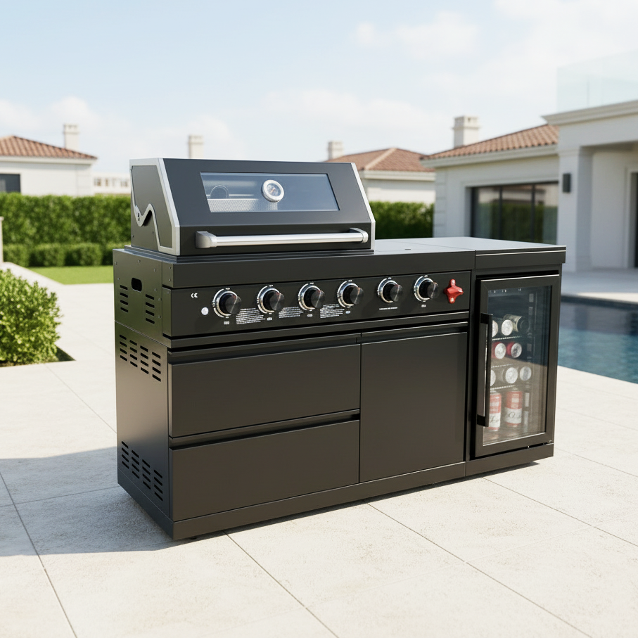 65" 4-Burner 72,000 BTU Black Outdoor Kitchen Island Grill Marble Countertops Wine Cooler