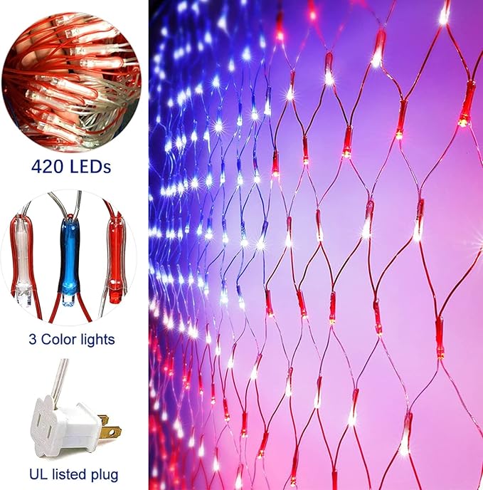 American Flag String Lights, 420 LED USA Flag Net Light Waterproof Patriotic Lights