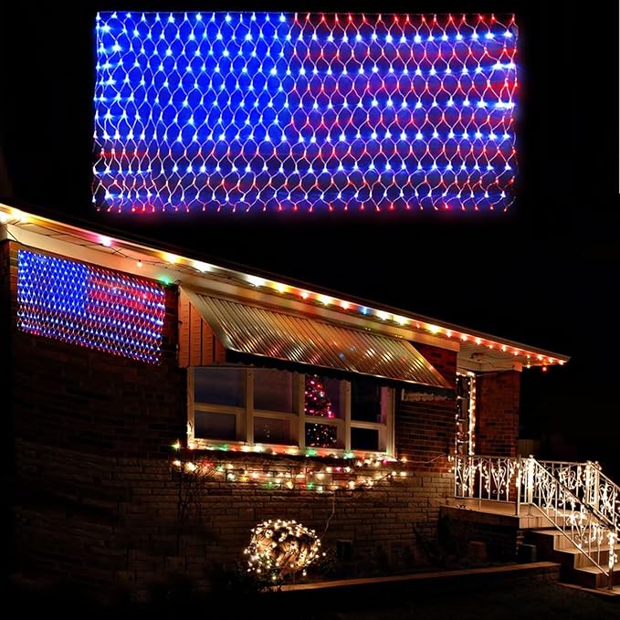 American Flag String Lights, 420 LED USA Flag Net Light Waterproof Patriotic Lights