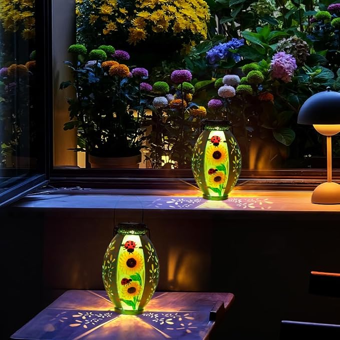 Sunflower & Lady Bugs Solar Lanterns, Set of 2