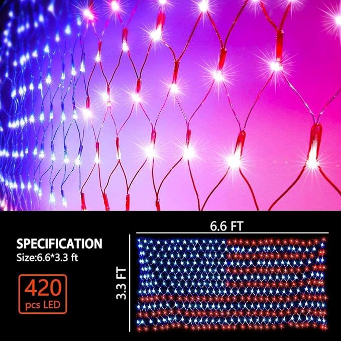 American Flag String Lights, 420 LED USA Flag Net Light Waterproof Patriotic Lights
