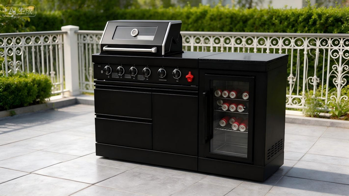 65" 4-Burner 72,000 BTU Black Outdoor Kitchen Island Grill Marble Countertops Wine Cooler