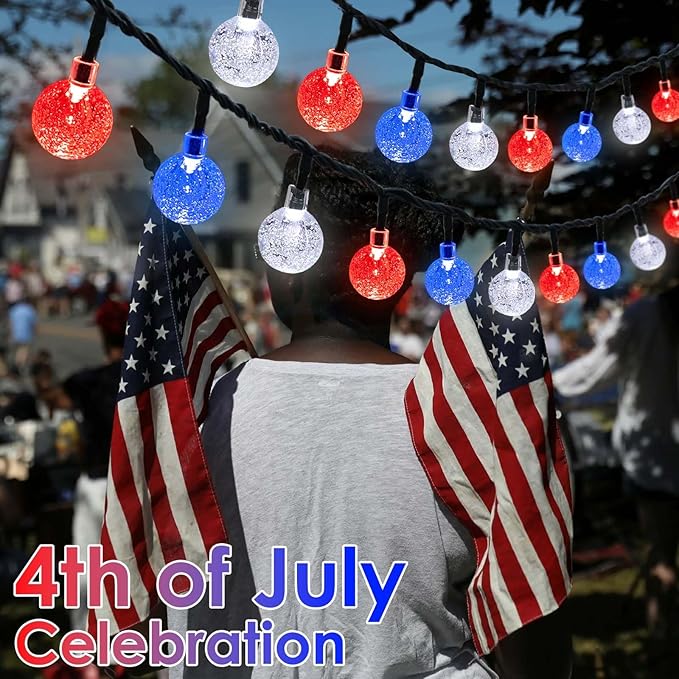 2-Pack Red White and Blue Crystal Globe Solar String Lights Outdoor, 64FT