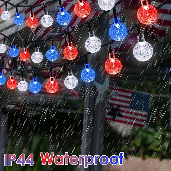 2-Pack Red White and Blue Crystal Globe Solar String Lights Outdoor, 64FT