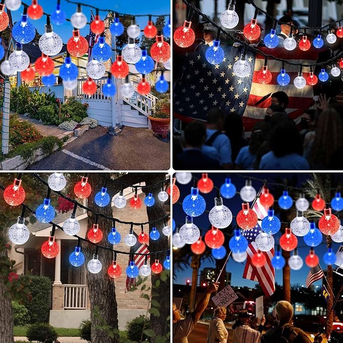 2-Pack Red White and Blue Crystal Globe Solar String Lights Outdoor, 64FT