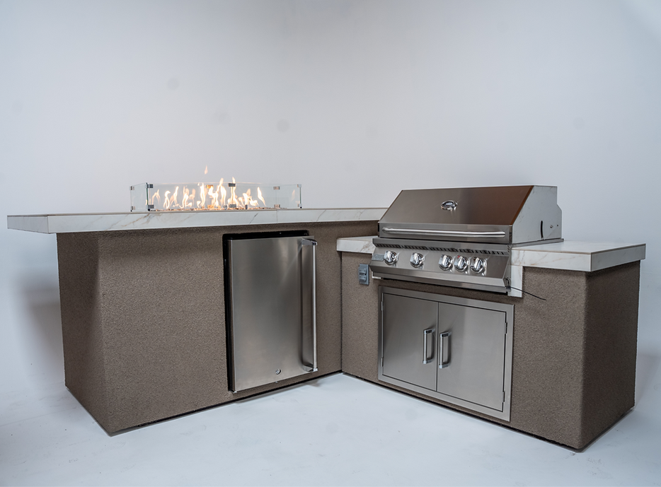 KoKoMo Outdoor Kitchen Island with Fire Feature | 7'6" x 9' BBQ Island