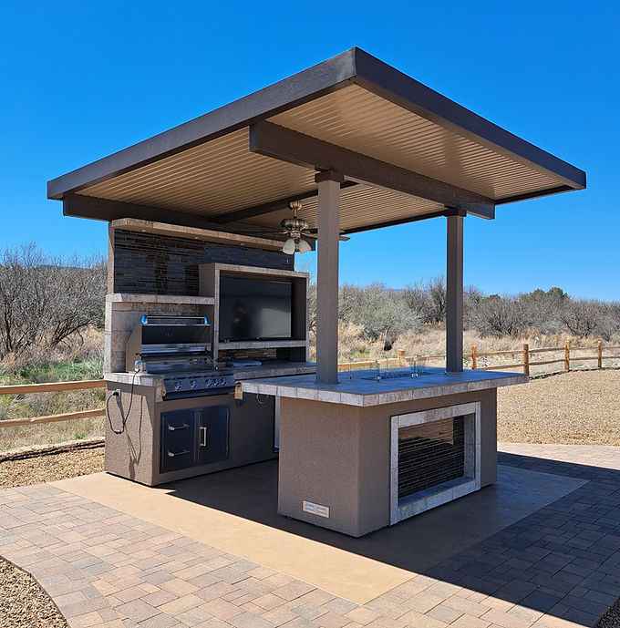 KoKoMo Baja Outdoor Kitchen with Grill, Fridge, Bar Seating & 12x12 Patio Cover