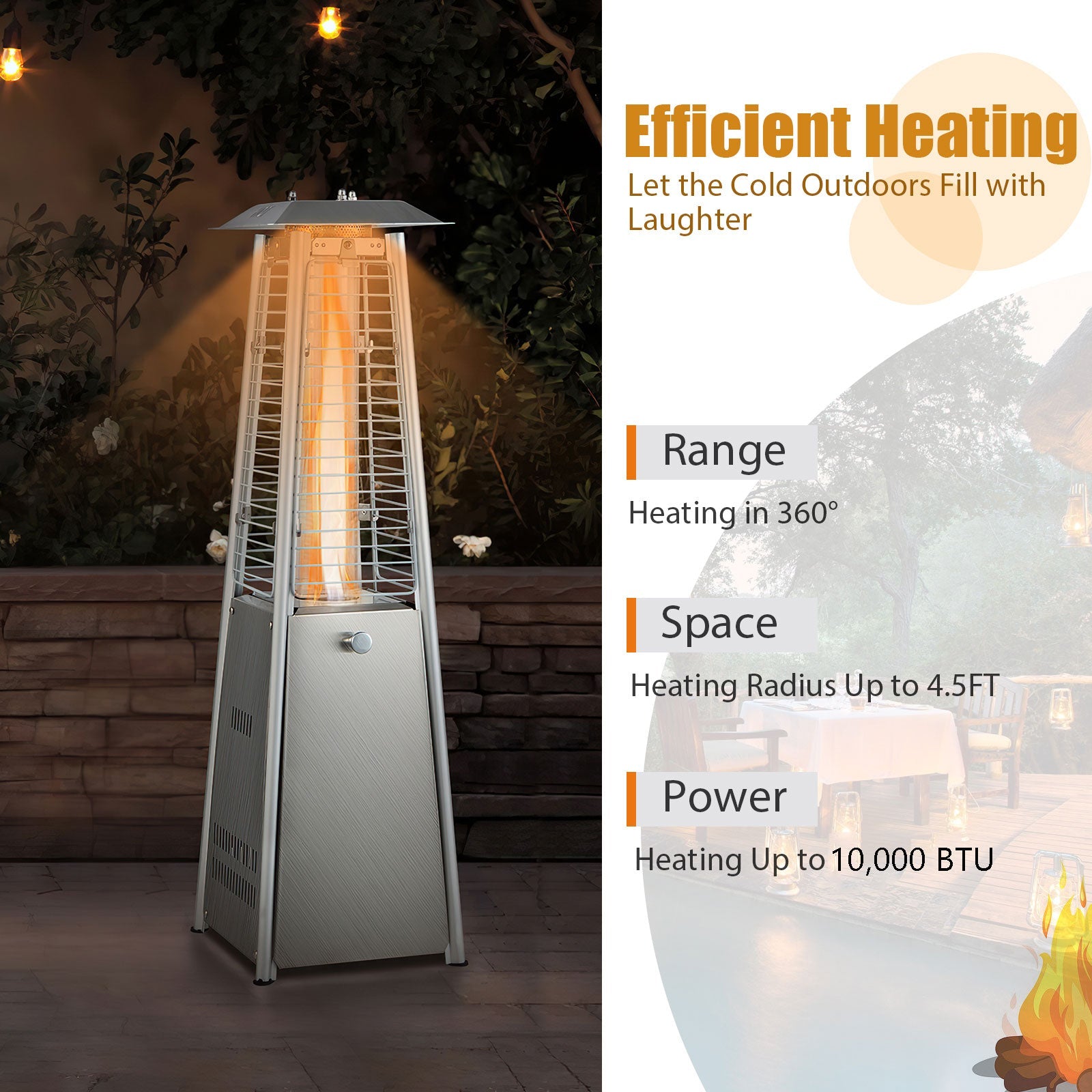 10,000 BTU Portable Tabletop Propane Patio Heater with Glass Flame Tube