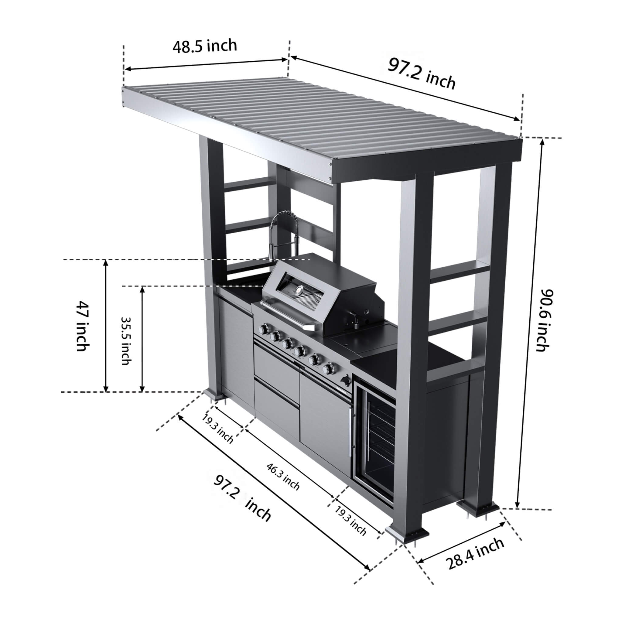 97-Inch 4-Burner Outdoor Kitchen Grill Island with Refrigerator, 72,000 BTU