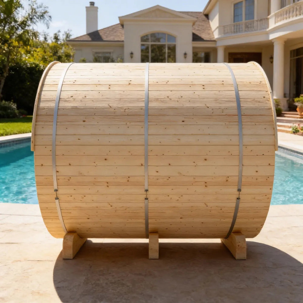 Helsinki 4-Person Barrel Sauna with Terrace and WiFi Heater